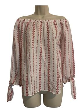 Off-Shoulder White Linen & Cotton Blouse with Red Embroidery print tie sleeve M